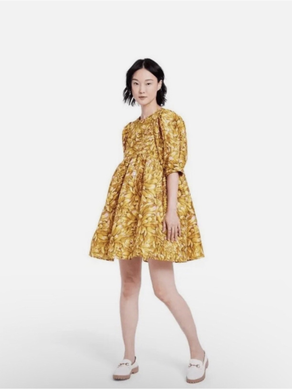 Kika Vargas Yellow Floral Short Puff-Sleeve Dress